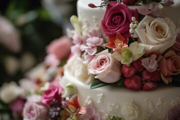 Obraz na płótnie Canvas Elegant Two-Tiered Wedding Cake with Fresh Flowers