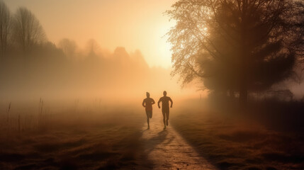 Jogging Sport im Morgenlicht / Abendlich. Neblige emotionale Stimmung, KI generiert