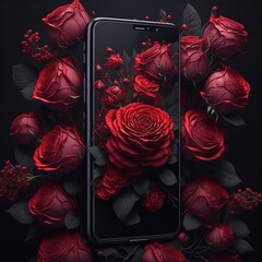 Smartphone mockup with red roses on black background. Generative ai