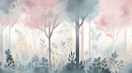 dreamy forest at dawn with mist rising from the trees Generative AI