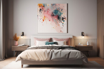 Cozy Modern Bedroom with Colorful Abstract Poster