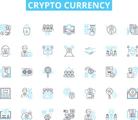 Crypto currency linear icons set. Blockchain, Bitcoin, Ethereum, Altcoins, Wallet, Mining, Exchange line vector and concept signs. Decentralized,Token,Blockchain technology outline illustrations