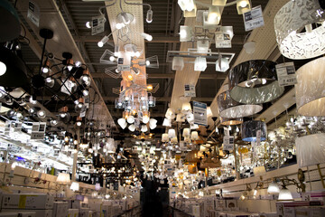 Chandeliers and lamps in the store