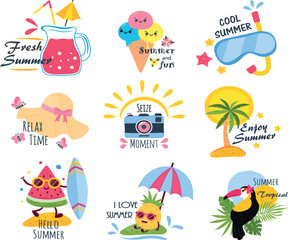 Summer collection of vector pictures. Summer stickers. Elements for diary, postcards, planner.