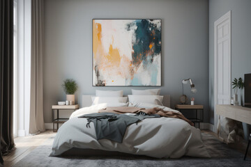 Cozy Modern Bedroom with Colorful Abstract Poster