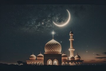A photo of a mosque with the crescent moon and star EID Generative AI 
