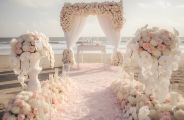 Romantic wedding ceremony on the beach. Wedding arch decorated with flowers