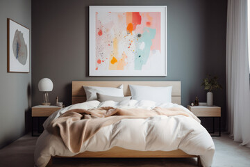 Fototapeta na wymiar Minimalistic Bedroom with a Vibrant Abstract Poster