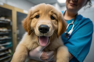 A happy Golden Retriever puppy being held by a veterinarian - animal health medical concept