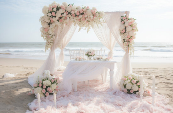Romantic wedding ceremony on the beach. Wedding arch decorated with flowers