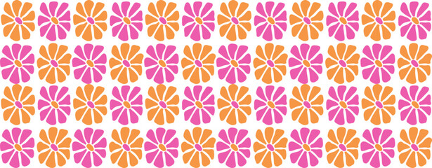 Two colors checkered floral border pattern, simple retro flowers. Trendy background in groovy style.Vectoe art.