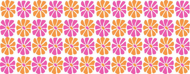 Two colors checkered floral border pattern, simple retro flowers. Trendy background in groovy style.Vectoe art.