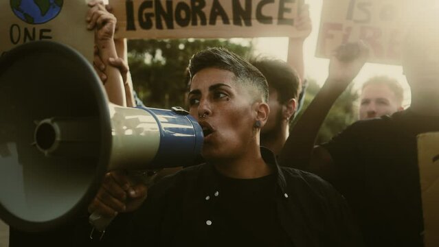 Demonstration of multiracial activists protesting for climate change - Global warming concept