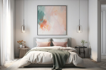 Minimalistic White Bed with Colorful Abstract Wall Decor