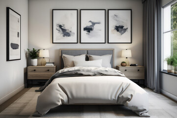 Minimalistic White Bed with Colorful Abstract Wall Decor