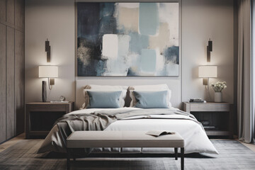 Contemporary Bedroom with Striking Abstract Wall Art