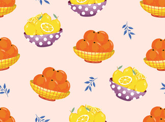 Trendy cute garden Picnic with summer Fruits Illustration , Vacation Holiday seamless pattern