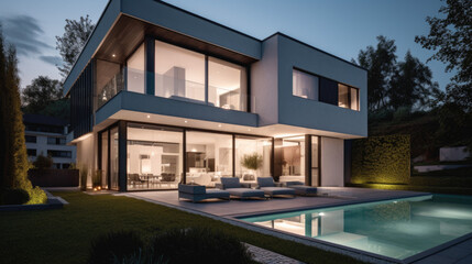 Fototapeta premium a modern luxurious villa in the evening. Generative AI