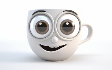 A happy white coffee cup character, its large eyes conveying warmth and friendliness, suitable for breakfast themes and cozy kitchen scenes.
