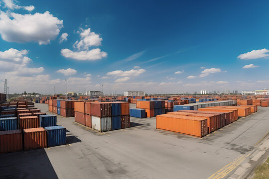 a view of a warehouse with containers in broad daylight, Generative AI