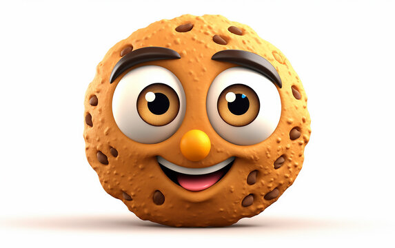 Illustration of cartoon cookie with emotion. A cheerful chocolate chip cookie character with big, expressive eyes, creating a friendly and inviting image perfect for family and children's content.