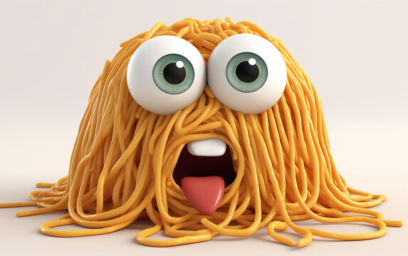 Illustration of cartoon spaghetti with emotion. Noodle-covered character with googly eyes, bringing humor to the concept of food and confusion.