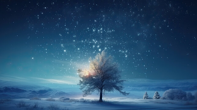 beautiful winter landscape at night with fairytale light. Generative AI