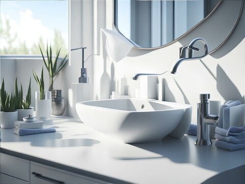  Modern style faucet in a bathroom with morning sunlight and shadow mockups generated Ai 