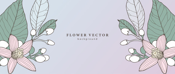 Delicate summer floral vector background with pale pink flowers and green branches and leaves. Background for postcards, diplomas, invitations, business cards