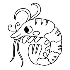 Vector black and white shrimp icon. Under the sea line illustration with cute funny prawn fish. Ocean animal clipart. Cartoon underwater or marine clip art or coloring page for children.