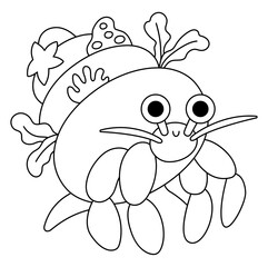 Vector black and white hermit crab with shell icon. Under the sea line illustration with cute funny ocean animal. Cartoon underwater or marine clipart or coloring page for children.