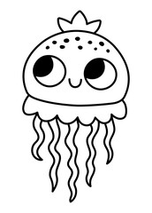 Vector black and white baby jellyfish icon. Under the sea line illustration with cute funny jelly fish. Ocean animal clipart. Cartoon underwater or marine clip art or coloring page for children.