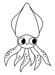 Vector black and white squid icon. Under the sea line illustration with cute funny calamari fish. Ocean animal clipart. Cartoon underwater or marine clip art or coloring page for children.
