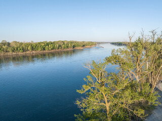 spring sunrise over the Missouri River at Dalton Bottoms - aerial view