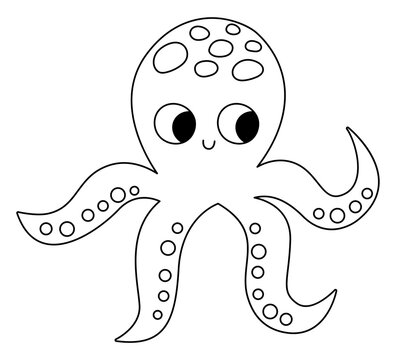 Vector black and white octopus icon. Under the sea line illustration with cute funny ocean animal. Cartoon underwater or marine clipart or coloring page for children.
