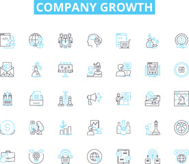 Company growth linear icons set. Expansion, Development, Progression, Improvement, Advancement, Evolution, Upsurge line vector and concept signs. Thriving,Flourishing,Ascension outline Generative AI