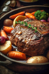 Beef chuck pot roast with carrots Yukon gold potatoes braised in broth. Traditional American cuisine dish specialty for family dinner holiday celebrations