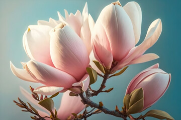 Beautiful delicate light pink magnolia on blue background in sunlight close-up. Spring and summer, love and romance. Generative AI, illustration
