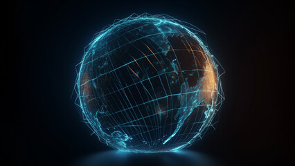 Big data network on wireframe globe. Global connectivity and internet telecommunication technology. Planet Earth map. Generative Ai.