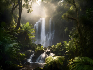 A majestic waterfall surrounded by lush forest, captured in the soft light of dawn