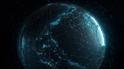 Obraz premium Big data network on wireframe globe. Global connectivity and internet telecommunication technology. Planet Earth map. Generative Ai.