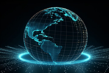 Naklejka premium Big data network on wireframe globe. Global connectivity and internet telecommunication technology. Planet Earth map. Generative Ai.