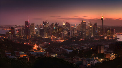 A panoramic view of a vibrant city skyline, taken with a 50mm prime lens at dusk
