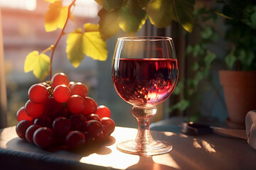 Glass of red grape wine stands on table in sunlight, bunch of grapes is next to it. New harvest. Generative AI