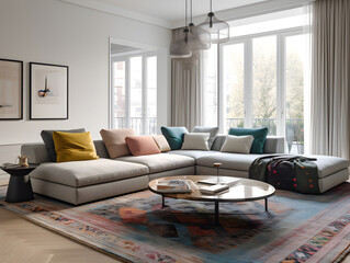 A modern and stylish living room, captured in crisp and clear detail