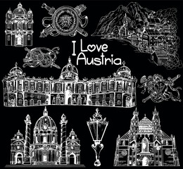 Set of hand drawn sketch style Austria related places, buildings, objects isolated on black background. Vector illustration.