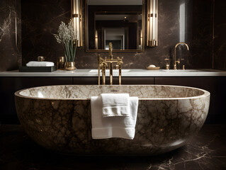 A luxurious bathroom with a marble bathtub and gold fixtures, captured in sharp detail