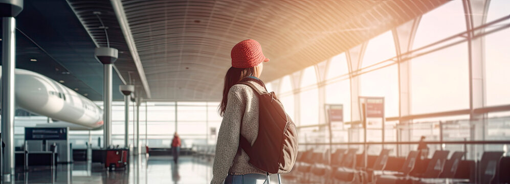 Back View Of Young Traveller Woman With Suitcase Standing In Airport Terminal. Generative AI