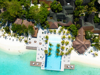 Fototapeta premium Aerial View, Maldives, North Malé Atoll, Indian Ocean, Lankanfushi, Paradise Island with Water Bungalows