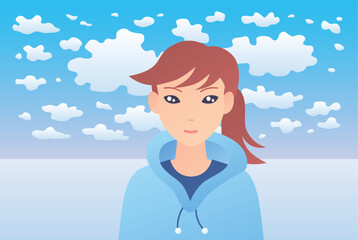 Beautiful stylish dreamy teenager girl or young woman with ponytail and bangs wearing hoodie, blue sky with clouds and sea beach summer vacations travel background.